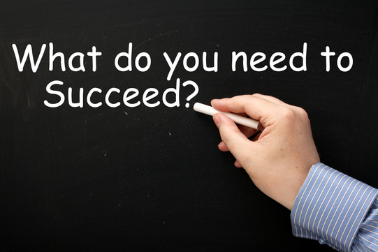 Das Bild zeigt eine schwarze Tafel und eine Hand, die mit Kreide die Worte "What do you need to Succeed?" anschreibt.