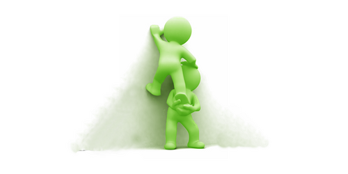 Das Bild zeigt zwei grüne Figuren die versuchen durch "Räuberleiter" ein Hinderniss zu überwinden.